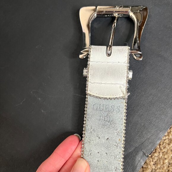 GUESS Studded Leather Belt Size Small White Silver Tone Rhinestone Punk Rock Y2k main image 8